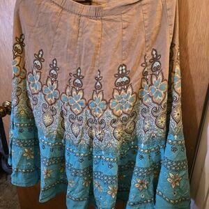 Coldwater Creek Turquoise and Brown Floral Trumper Skirt